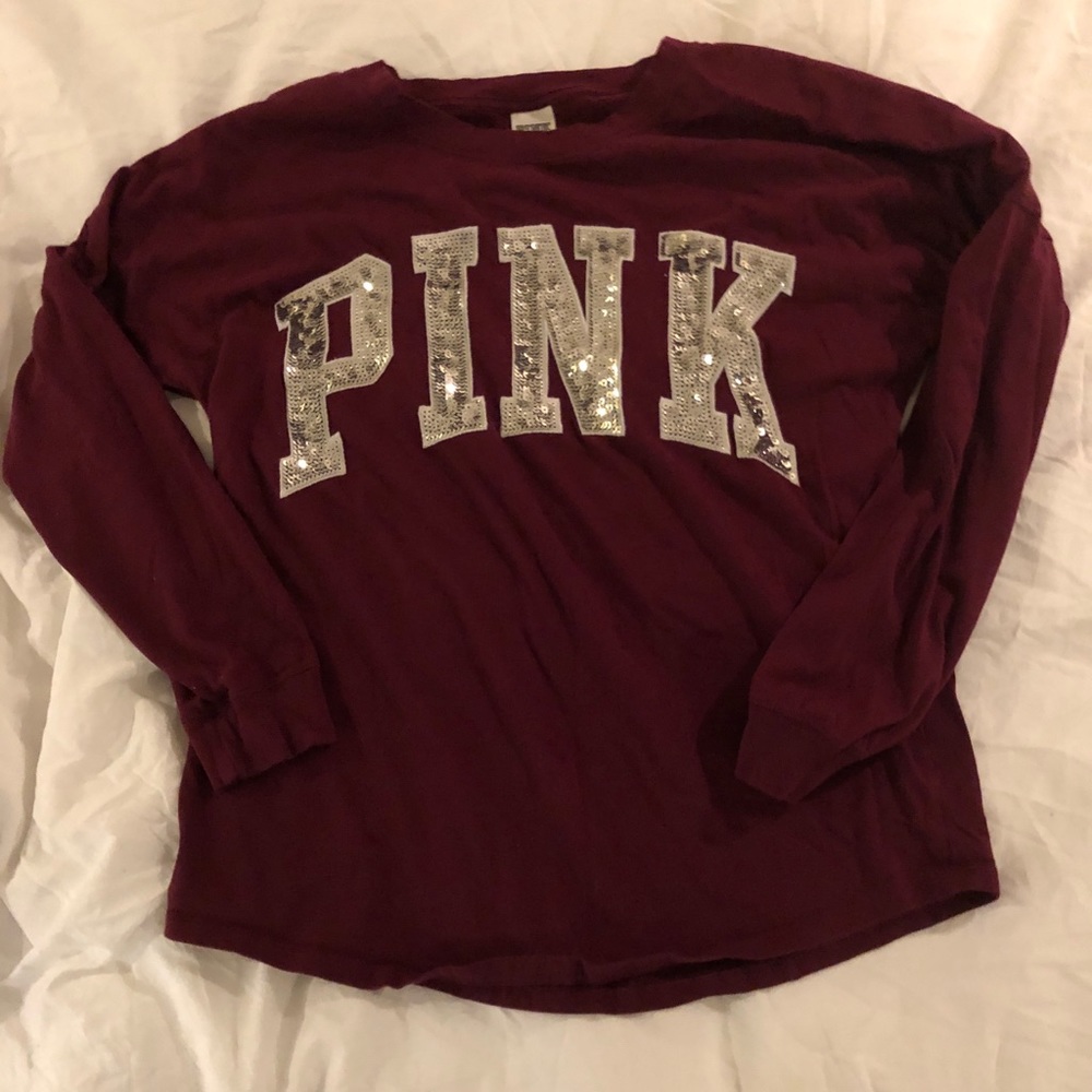 PINK maroon varsity tee with silver sequins